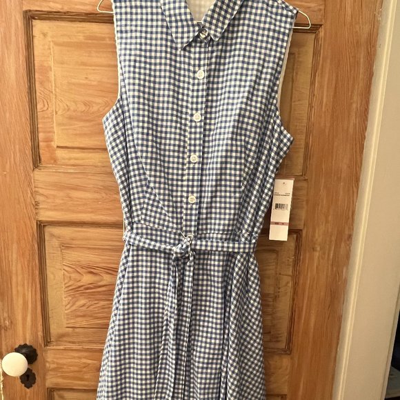 NWT Chetta B Size 12 Blue and White Checked Summer Dress w Tie Belt, Fit & Flare - Picture 10 of 11